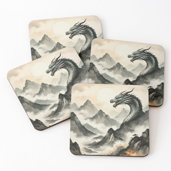 Item preview, Epic Mist Dragon in Moonlit Mountains Ink-Wash Watercolor designed and sold by IdeaSmith.