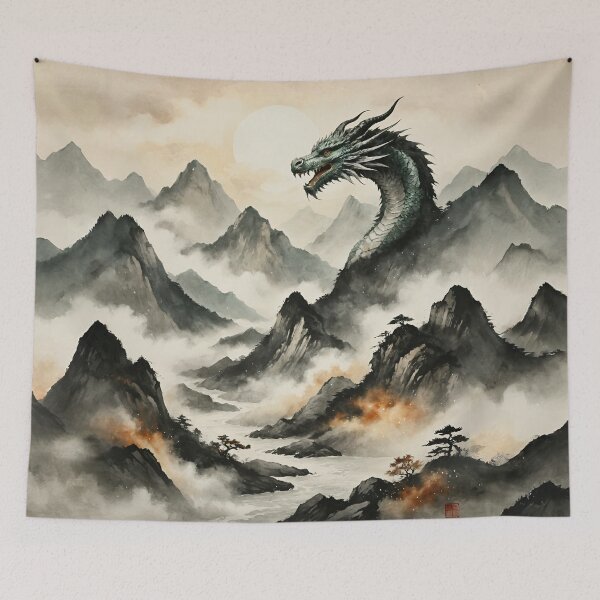 Item preview, Epic Mist Dragon in Moonlit Mountains Ink-Wash Watercolor designed and sold by IdeaSmith.