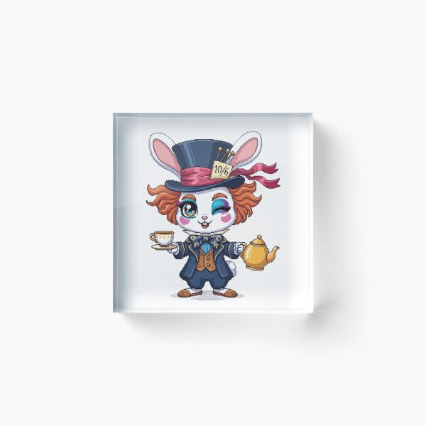 Item preview, Charismatic Mad Hatter Rabbit Pixel Art - Kawaii Alice in Wonderland Bunny with Teacup - Eccentric Cottagecore Sticker designed and sold by Pixel Girl Aesthetic Studio.
