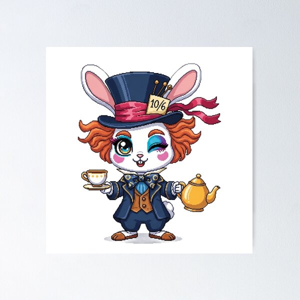 Item preview, Charismatic Mad Hatter Rabbit Pixel Art - Kawaii Alice in Wonderland Bunny with Teacup - Eccentric Cottagecore Sticker designed and sold by Pixel Girl Aesthetic Studio.