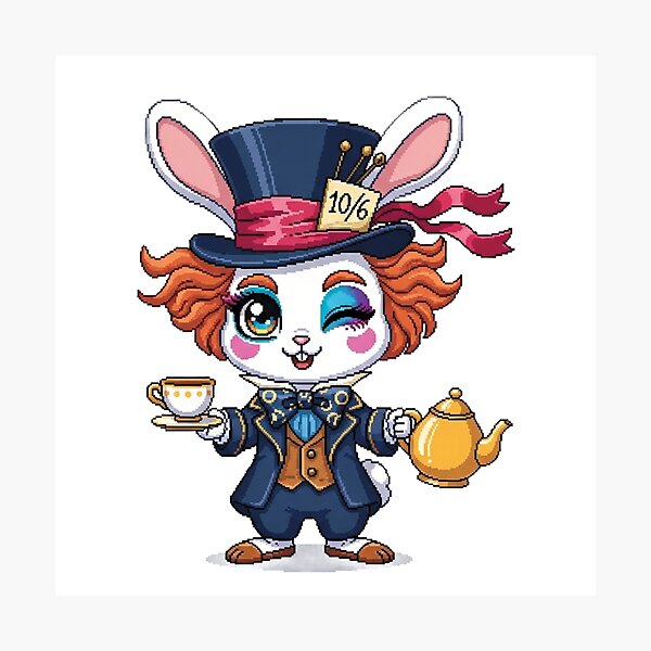 Item preview, Charismatic Mad Hatter Rabbit Pixel Art - Kawaii Alice in Wonderland Bunny with Teacup - Eccentric Cottagecore Sticker designed and sold by Pixel Girl Aesthetic Studio.