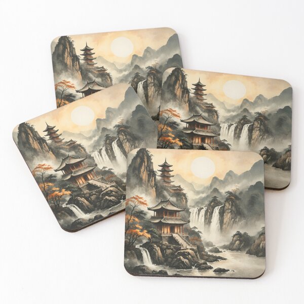 Item preview, Misty Mountain Pagoda and Waterfalls Watercolor Landscape designed and sold by IdeaSmith.