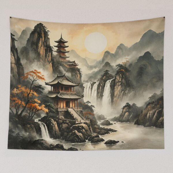 Item preview, Misty Mountain Pagoda and Waterfalls Watercolor Landscape designed and sold by IdeaSmith.