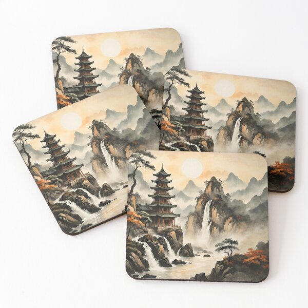 Item preview, Golden Sun Pagoda Cliff Waterfall Scene Ink-Wash Style designed and sold by IdeaSmith.