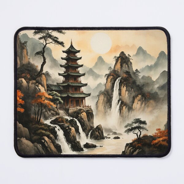 Item preview, Golden Sun Pagoda Cliff Waterfall Scene Ink-Wash Style designed and sold by IdeaSmith.
