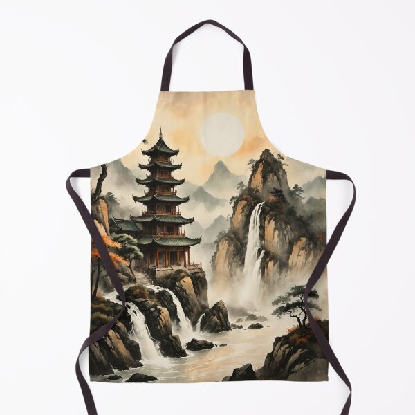 Item preview, Golden Sun Pagoda Cliff Waterfall Scene Ink-Wash Style designed and sold by IdeaSmith.
