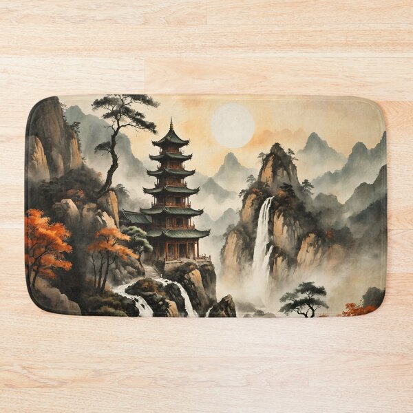 Item preview, Golden Sun Pagoda Cliff Waterfall Scene Ink-Wash Style designed and sold by IdeaSmith.