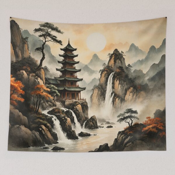 Item preview, Golden Sun Pagoda Cliff Waterfall Scene Ink-Wash Style designed and sold by IdeaSmith.