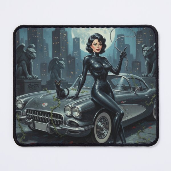 Item preview, Noir Moonlight Vigilante - Vintage Rooftop Cat Pinup designed and sold by Art's Diner.
