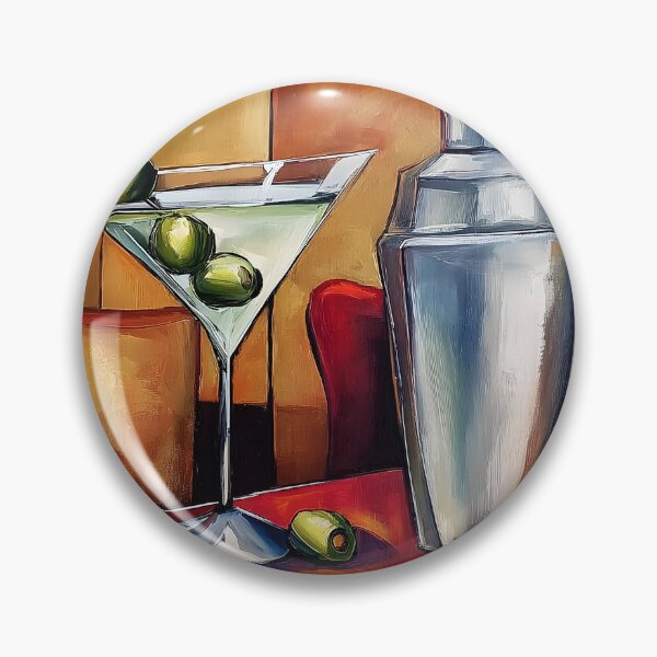 Item preview, Dry Martini Cocktail Ritual with Olives and Silver Shaker on a Vibrant Abstract Table designed and sold by OlfactoART Studio.