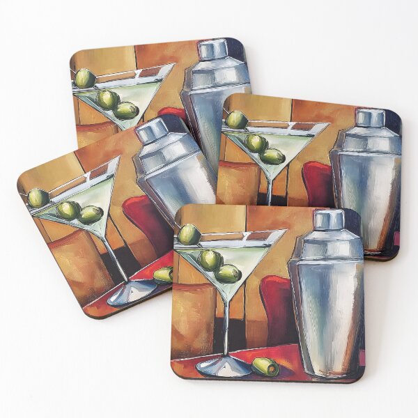 Item preview, Dry Martini Cocktail Ritual with Olives and Silver Shaker on a Vibrant Abstract Table designed and sold by OlfactoART Studio.