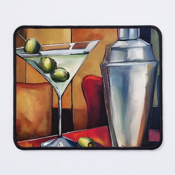 Item preview, Dry Martini Cocktail Ritual with Olives and Silver Shaker on a Vibrant Abstract Table designed and sold by OlfactoART Studio.