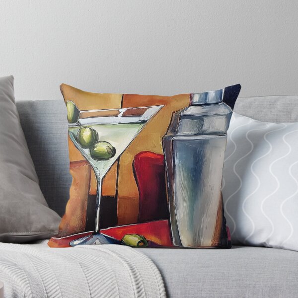 Item preview, Dry Martini Cocktail Ritual with Olives and Silver Shaker on a Vibrant Abstract Table designed and sold by OlfactoART Studio.