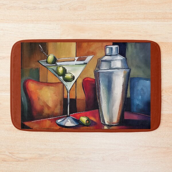Item preview, Dry Martini Cocktail Ritual with Olives and Silver Shaker on a Vibrant Abstract Table designed and sold by OlfactoART Studio.