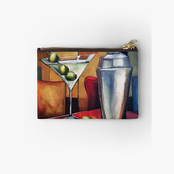 Item preview, Dry Martini Cocktail Ritual with Olives and Silver Shaker on a Vibrant Abstract Table designed and sold by OlfactoART Studio.