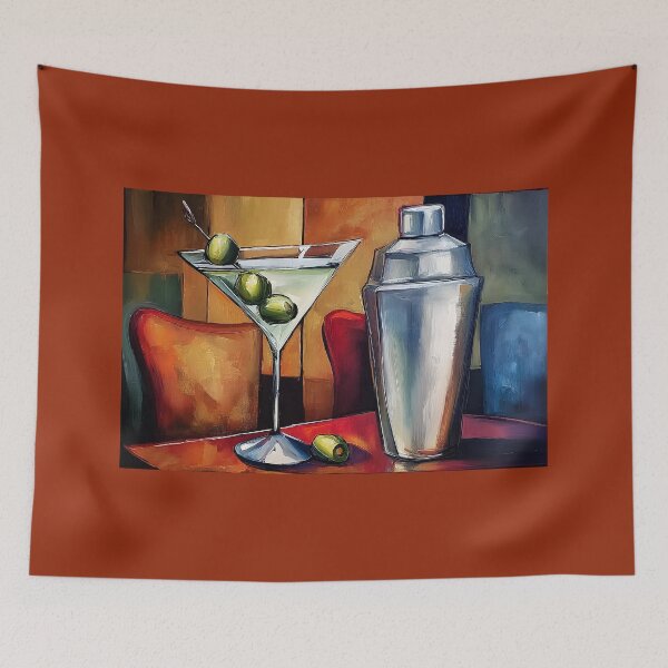 Item preview, Dry Martini Cocktail Ritual with Olives and Silver Shaker on a Vibrant Abstract Table designed and sold by OlfactoART Studio.