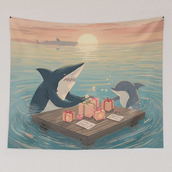 Item preview, Valentine’s Shark & Dolphin Couple • Whimsical Ocean Heart Prep Art designed and sold by WildlifeWhimsy.
