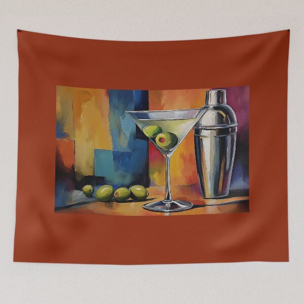 Item preview, Classic Martini Still Life with Green Olives and Cocktail Shaker Abstract Digital Art designed and sold by OlfactoART Studio.