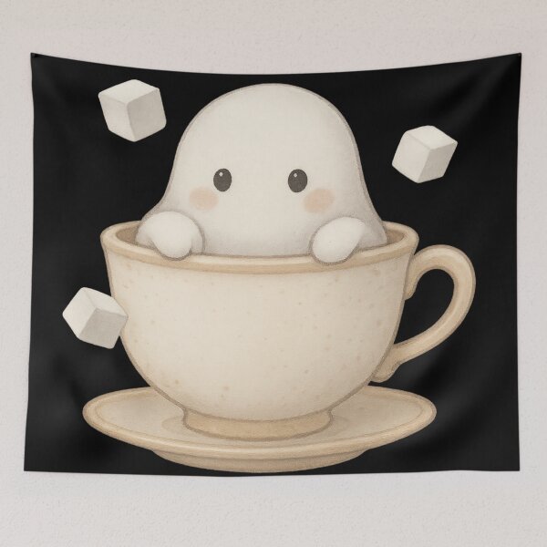 Item preview, Cute Ghost in a Teacup – Cozy Spooky Marshmallow designed and sold by Mouraludia.