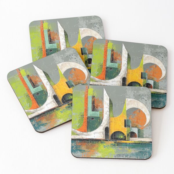 Item preview, Futuristic Abstract Cityscape with Geometric Shapes in Bold Orange Green and Blue designed and sold by OlfactoART Studio.