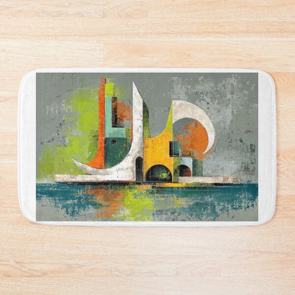 Item preview, Futuristic Abstract Cityscape with Geometric Shapes in Bold Orange Green and Blue designed and sold by OlfactoART Studio.