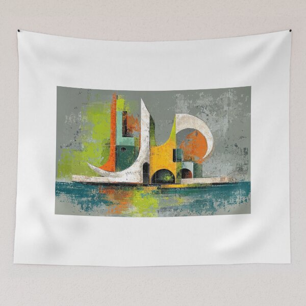 Item preview, Futuristic Abstract Cityscape with Geometric Shapes in Bold Orange Green and Blue designed and sold by OlfactoART Studio.