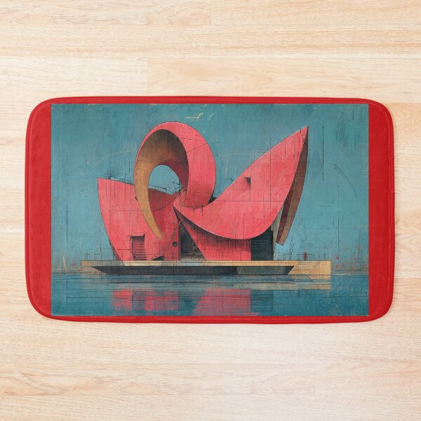 Item preview, Futuristic Red Geometric Architectural Structure Reflected on Calm Water Against Clear Blue Sky designed and sold by OlfactoART Studio.
