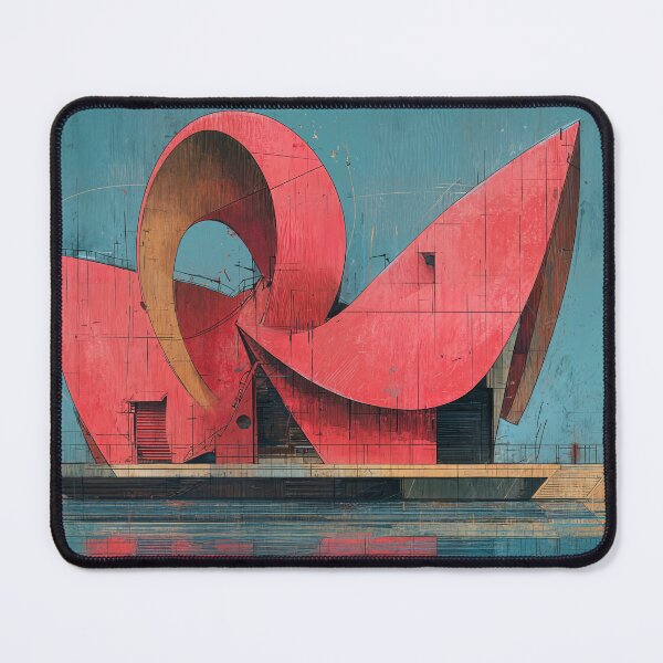 Item preview, Futuristic Red Geometric Architectural Structure Reflected on Calm Water Against Clear Blue Sky designed and sold by OlfactoART Studio.