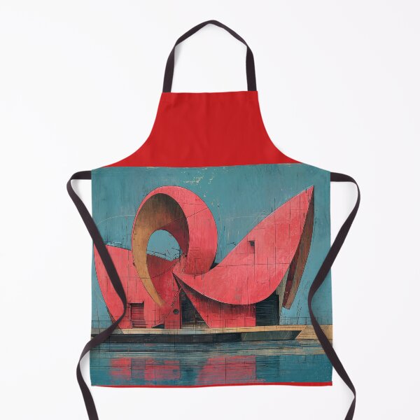 Item preview, Futuristic Red Geometric Architectural Structure Reflected on Calm Water Against Clear Blue Sky designed and sold by OlfactoART Studio.