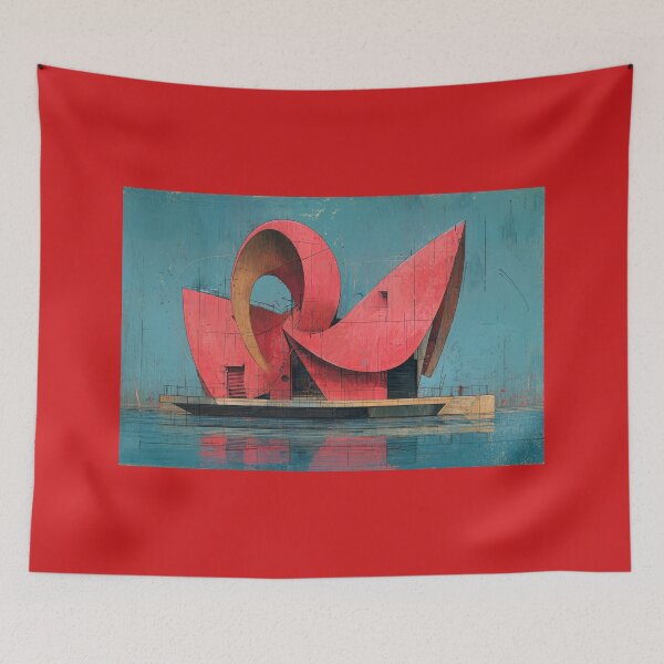 Item preview, Futuristic Red Geometric Architectural Structure Reflected on Calm Water Against Clear Blue Sky designed and sold by OlfactoART Studio.