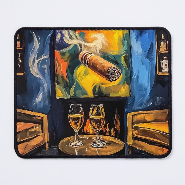 Artikelvorschau, Einladendes Interieur einer Zigarrenlounge mit zwei Ledersesseln und Whiskygläsern entworfen und verkauft von OlfactoART Studio.