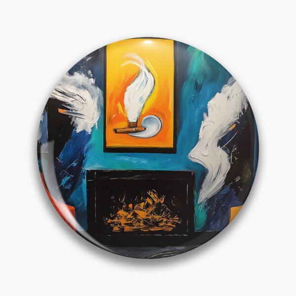 Artikelvorschau, Lebendiges Interieur einer Zigarrenlounge mit abstrakter Kunst und einem dynamischen Kamin – digitale KI-Kunst entworfen und verkauft von OlfactoART Studio.