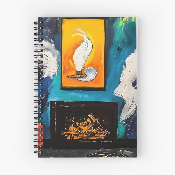 Artikelvorschau, Lebendiges Interieur einer Zigarrenlounge mit abstrakter Kunst und einem dynamischen Kamin – digitale KI-Kunst entworfen und verkauft von OlfactoART Studio.