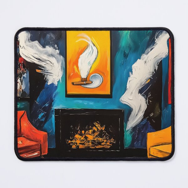 Artikelvorschau, Lebendiges Interieur einer Zigarrenlounge mit abstrakter Kunst und einem dynamischen Kamin – digitale KI-Kunst entworfen und verkauft von OlfactoART Studio.
