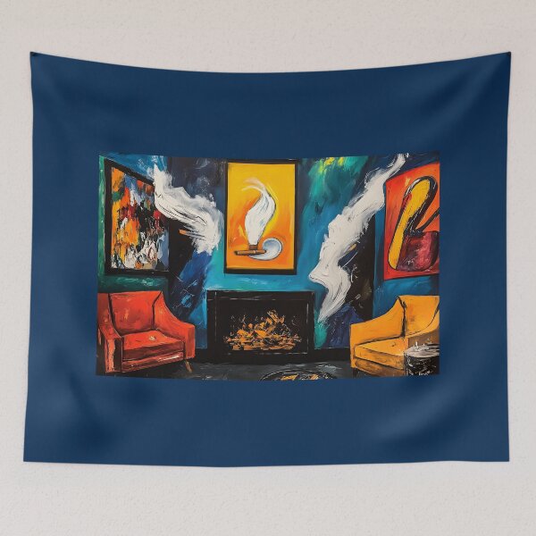 Item preview, Vibrant Cigar Lounge Interior with Abstract Art and Lively Fireplace Digital AI Art designed and sold by OlfactoART Studio.
