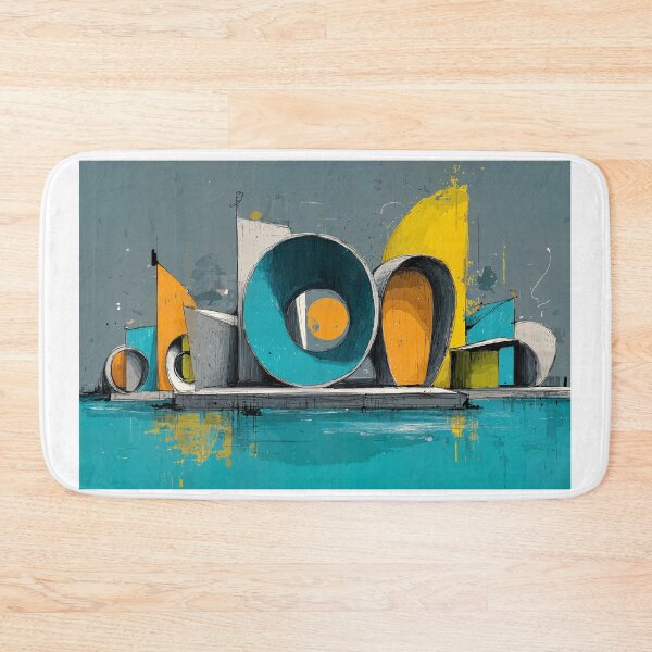 Item preview, Abstract Geometric Architectural Composition in Bold Yellow Blue and Orange with Water Reflection designed and sold by OlfactoART Studio.