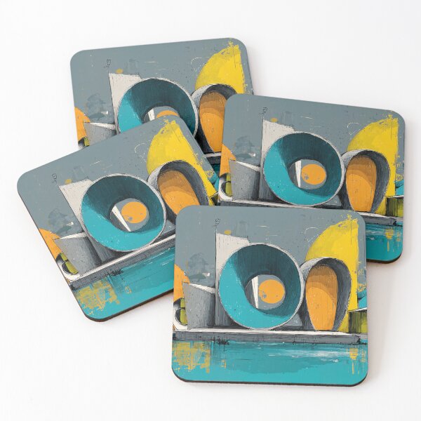 Item preview, Abstract Geometric Architectural Composition in Bold Yellow Blue and Orange with Water Reflection designed and sold by OlfactoART Studio.