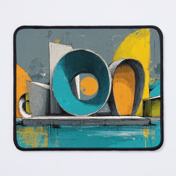 Item preview, Abstract Geometric Architectural Composition in Bold Yellow Blue and Orange with Water Reflection designed and sold by OlfactoART Studio.