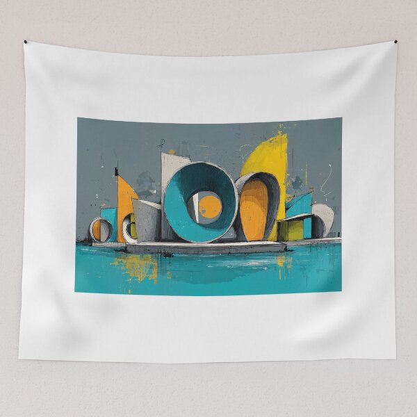 Item preview, Abstract Geometric Architectural Composition in Bold Yellow Blue and Orange with Water Reflection designed and sold by OlfactoART Studio.