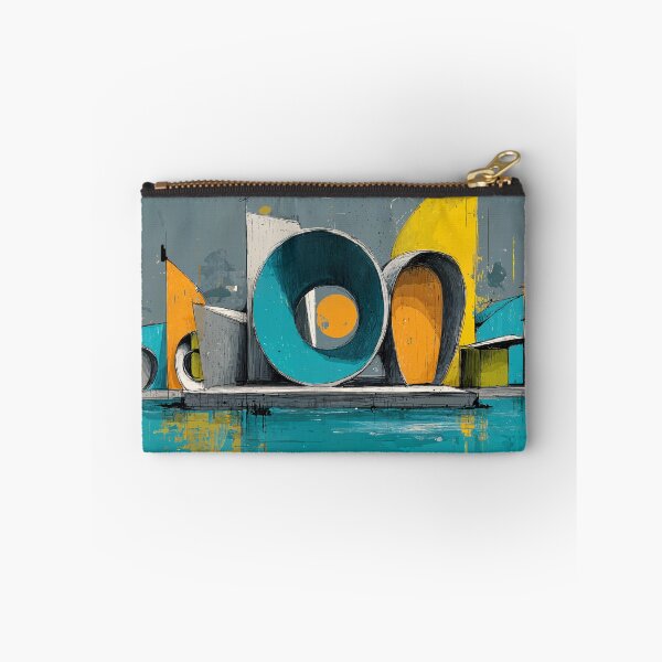 Item preview, Abstract Geometric Architectural Composition in Bold Yellow Blue and Orange with Water Reflection designed and sold by OlfactoART Studio.