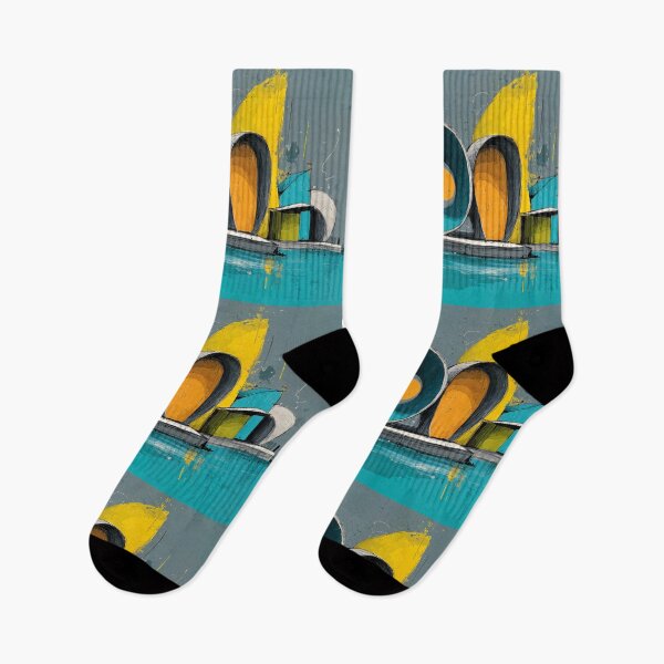 Item preview, Abstract Geometric Architectural Composition in Bold Yellow Blue and Orange with Water Reflection designed and sold by OlfactoART Studio.