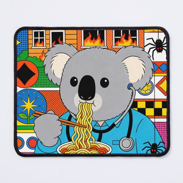 Item preview, Koala Doctor Eating Ramen in Chaos | Surreal Pop Art Maximalism Vibe Sticker designed and sold by Cherrydora.
