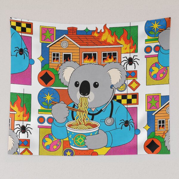 Item preview, Koala Doctor Eating Ramen in Chaos | Surreal Pop Art Maximalism Vibe Sticker designed and sold by Cherrydora.
