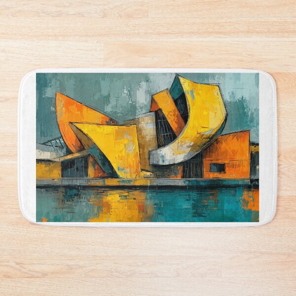Item preview, Dynamic Angular Architectural Structure in Vibrant Orange and Yellow with Water Reflection designed and sold by OlfactoART Studio.