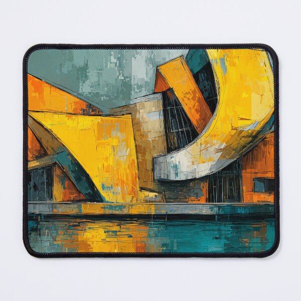 Item preview, Dynamic Angular Architectural Structure in Vibrant Orange and Yellow with Water Reflection designed and sold by OlfactoART Studio.