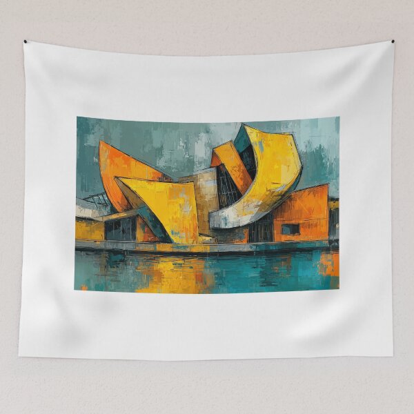 Item preview, Dynamic Angular Architectural Structure in Vibrant Orange and Yellow with Water Reflection designed and sold by OlfactoART Studio.