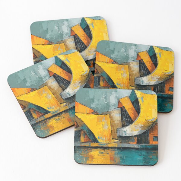 Item preview, Dynamic Angular Architectural Structure in Vibrant Orange and Yellow with Water Reflection designed and sold by OlfactoART Studio.