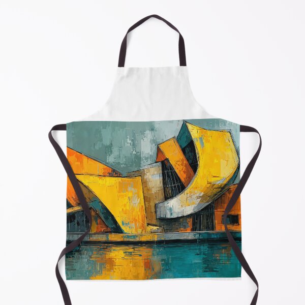 Item preview, Dynamic Angular Architectural Structure in Vibrant Orange and Yellow with Water Reflection designed and sold by OlfactoART Studio.