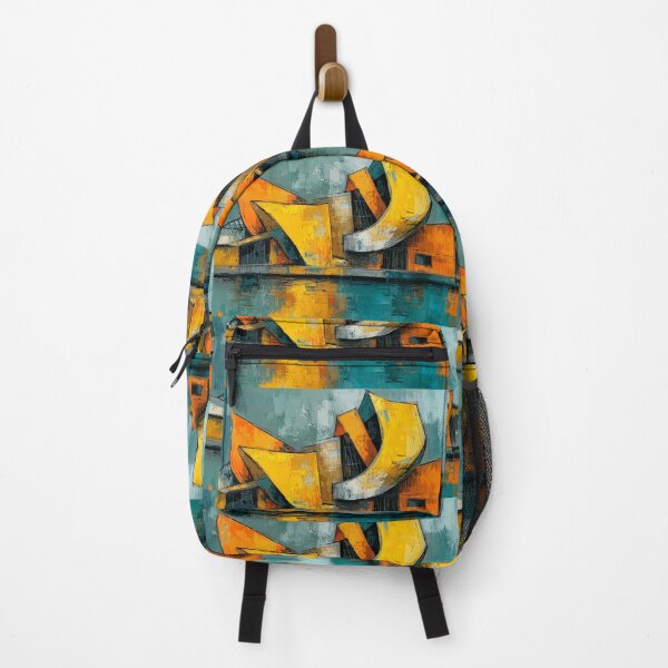 Item preview, Dynamic Angular Architectural Structure in Vibrant Orange and Yellow with Water Reflection designed and sold by OlfactoART Studio.