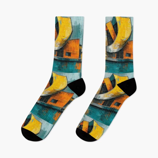 Item preview, Dynamic Angular Architectural Structure in Vibrant Orange and Yellow with Water Reflection designed and sold by OlfactoART Studio.